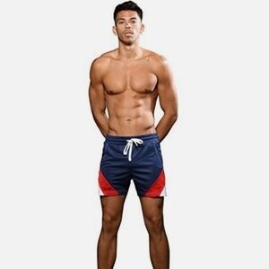 Andrew Christian Mens Navy Mesh Athletic Shorts With Red & White Accent Panels